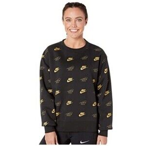 NIKE SPORTSWEAR WOMEN SHINE Small CREW SWEATSHIRT BLACK/METALLIC GOLD